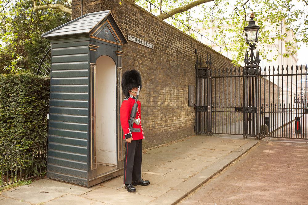 Queens Guard on duty at the entrance to Clarence House