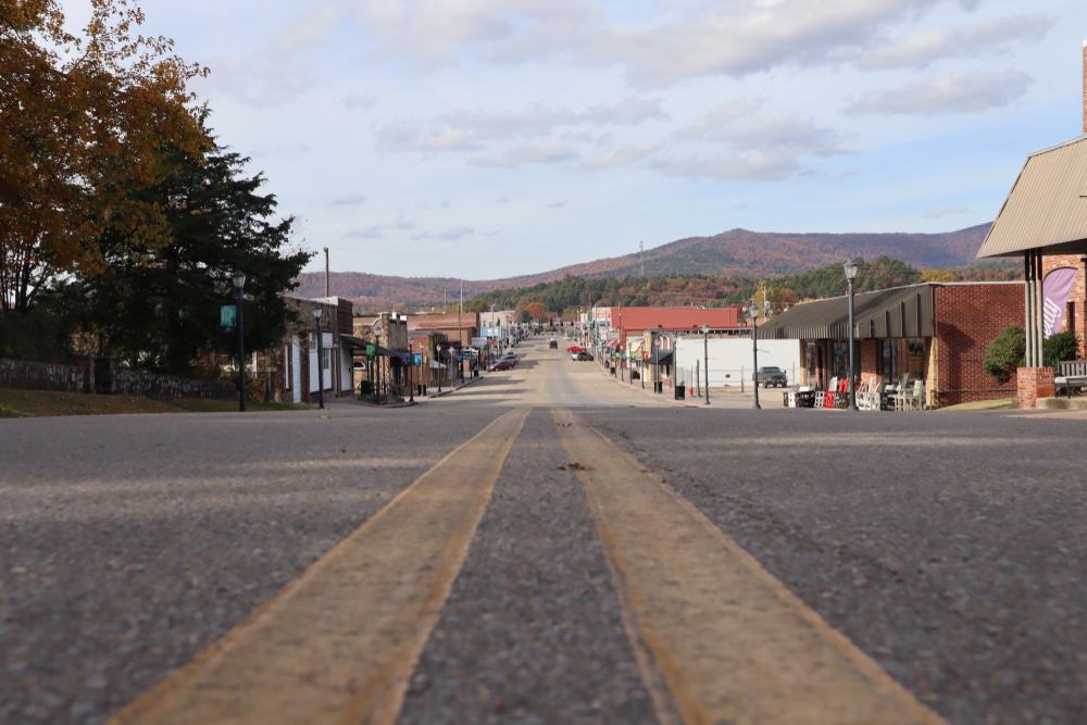 Downtown Mena With Rich Mountain In The Background