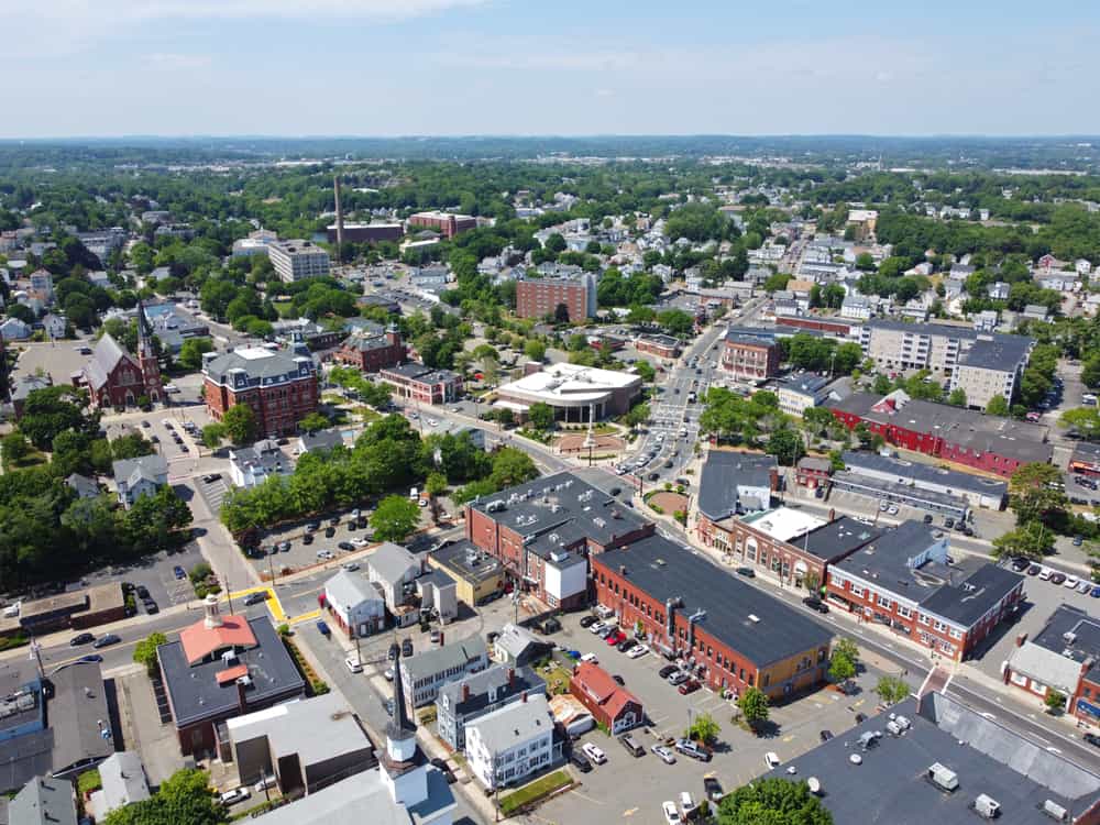 Aerial view of Downtown Peabody and Peabody Square