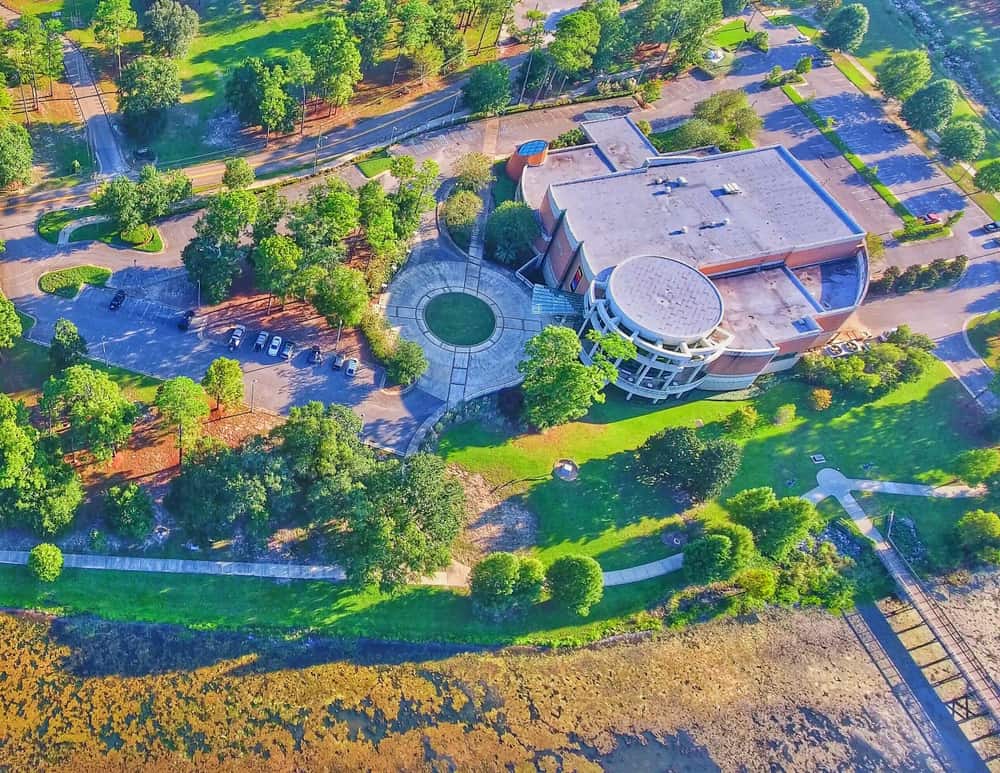 Aerial view above the City of Mobile Museum of Art