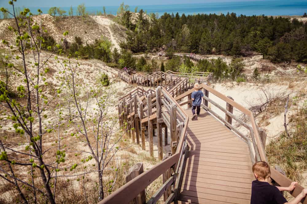 Walking at boardwalk Indiana Dunes National Park